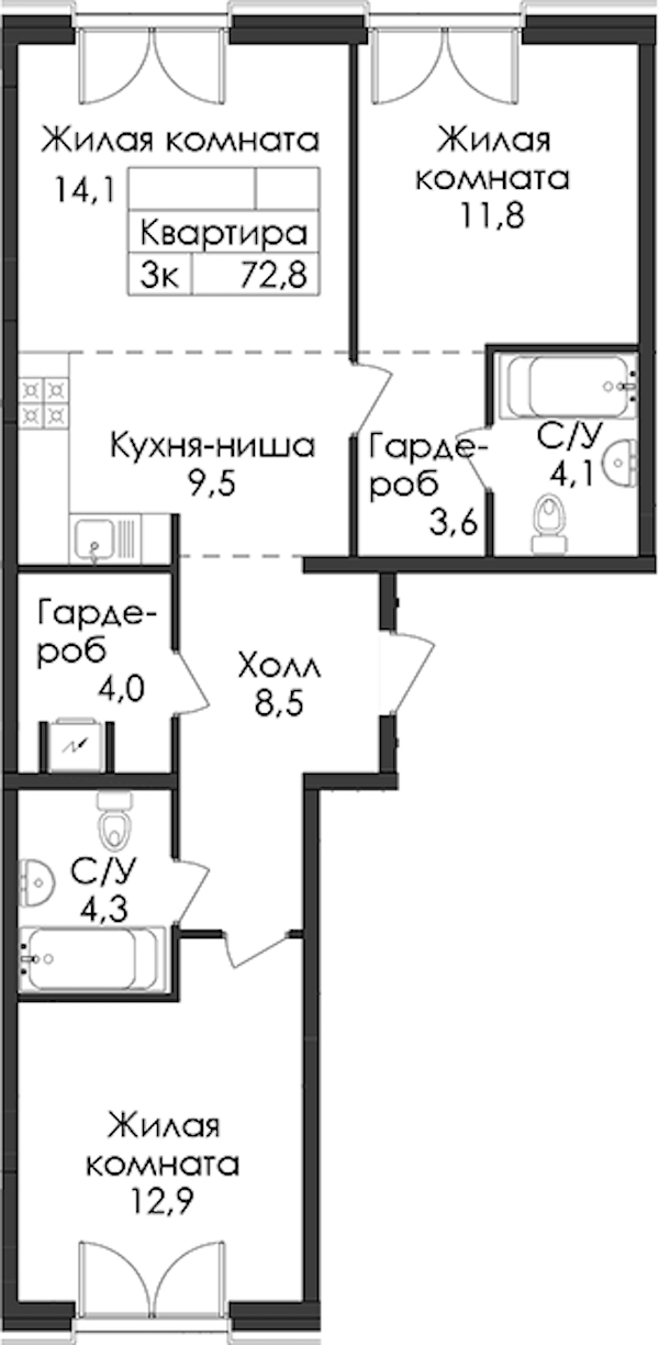 2-комнатная квартира 72.8 м², 7/9 эт., ЖК «Лермонтовский 54»